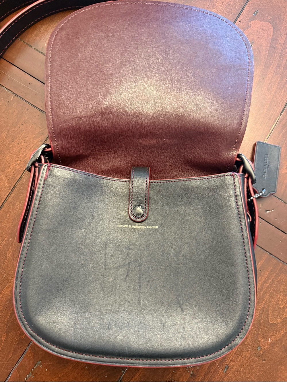 Coach 1941 Glove Tanned Leather Saddle Crossbody Bag in Black with Red Trim USED - Picture 4 of 14